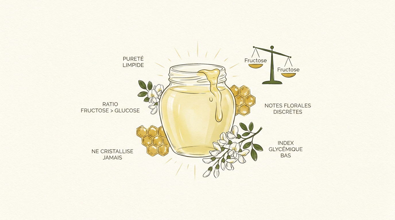 Infographie détaillant la pureté et la texture liquide du miel d'acacia bio