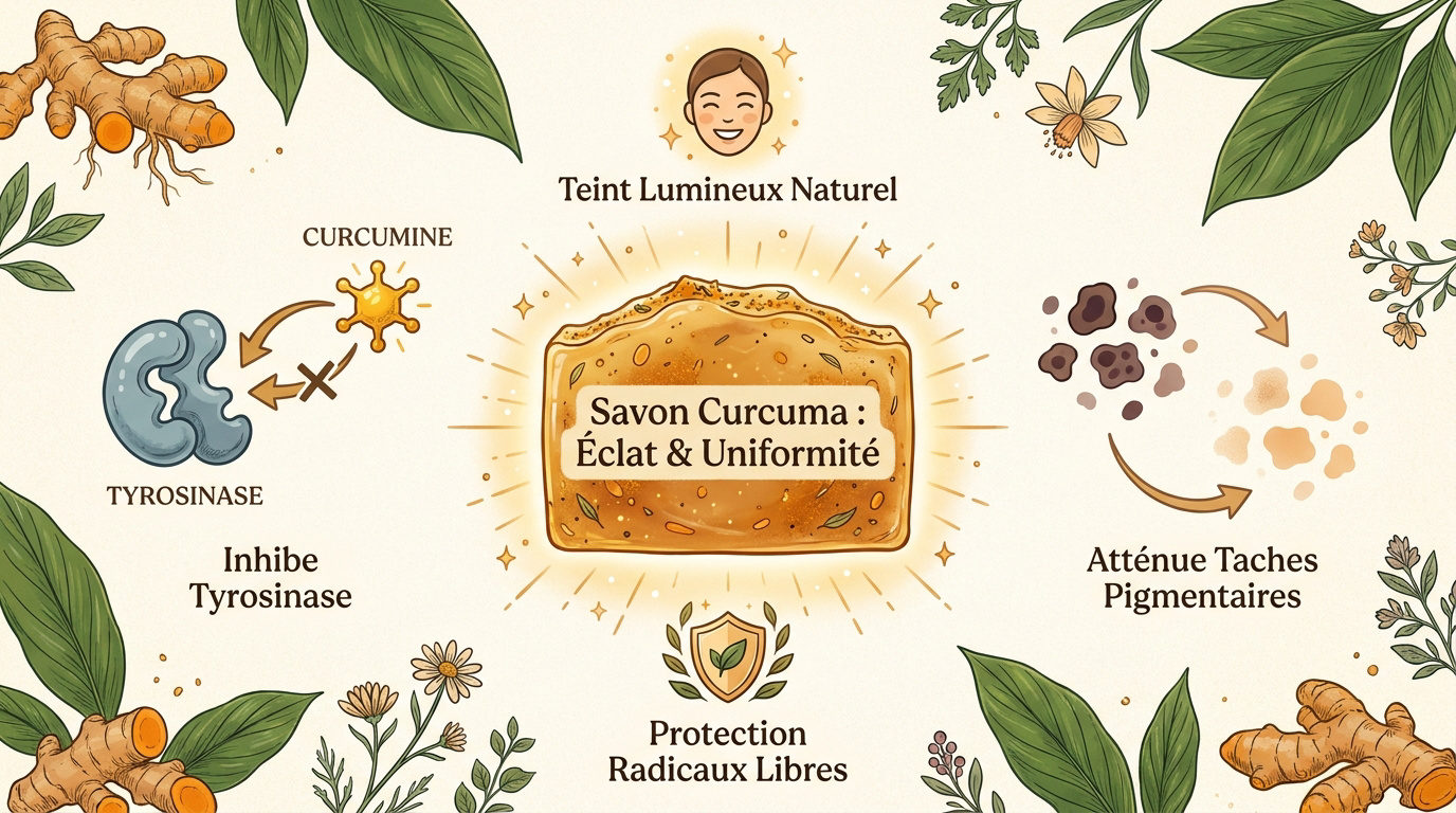 Infographie expliquant les bienfaits du savon au curcuma pour l'éclat et l'uniformité du teint