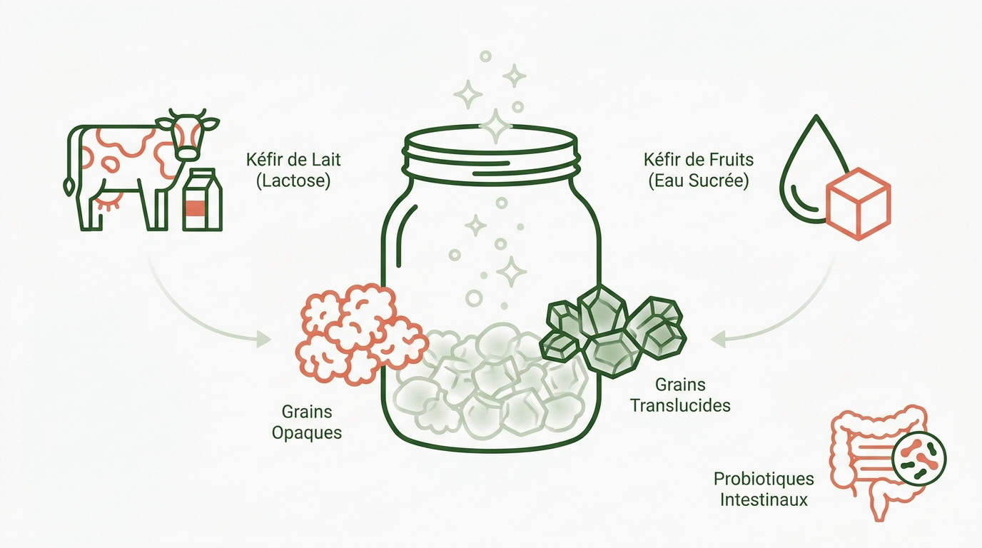Comparaison visuelle entre les grains de kéfir de lait opaques et les grains de kéfir de fruits translucides