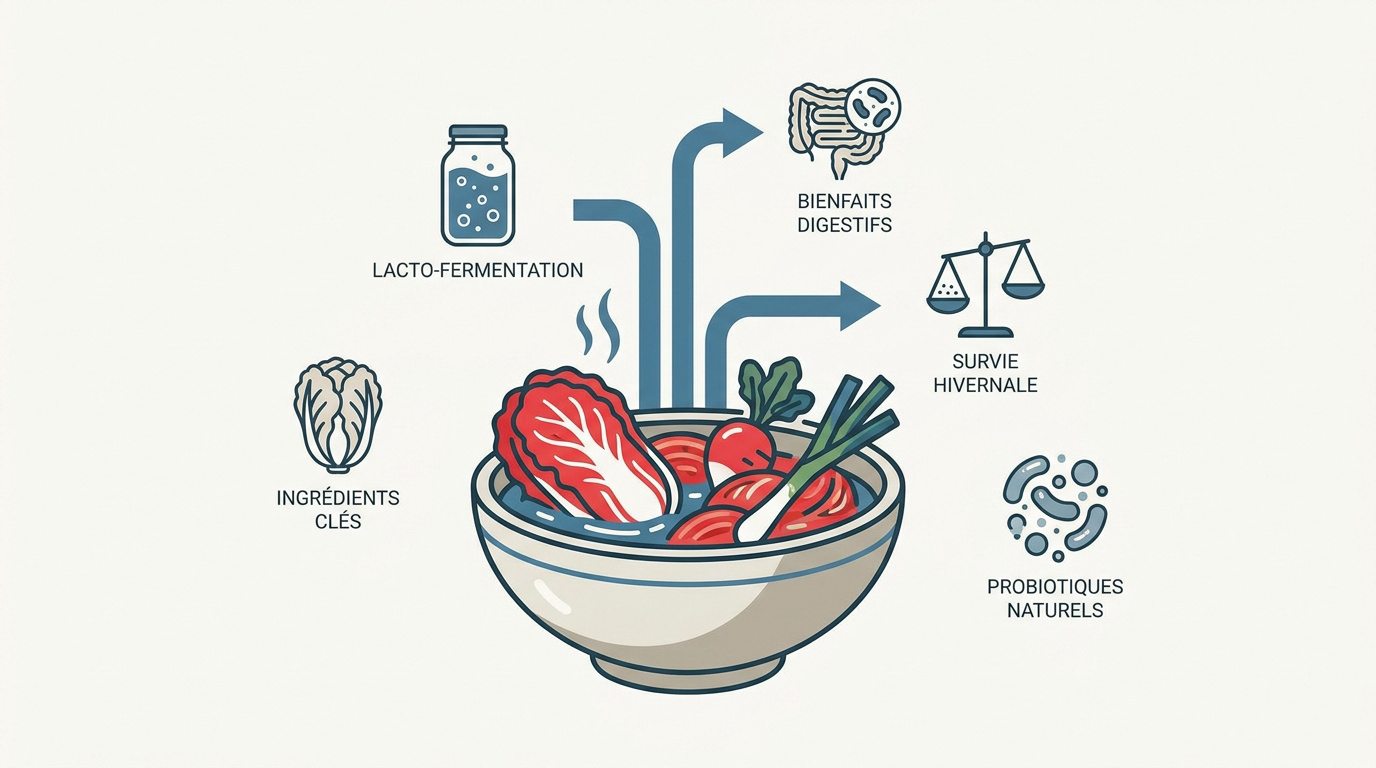 Guide nutritionnel illustrant les vitamines et probiotiques du kimchi