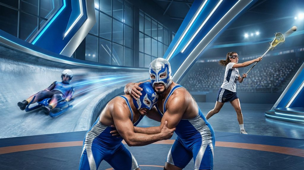 Collage sportif montrant des lutteurs masqués, une athlète de crosse et un lugeur sur une piste glacée.