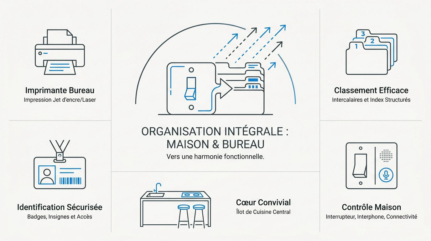 Aménagement intérieur avec îlot de cuisine et fournitures de bureau