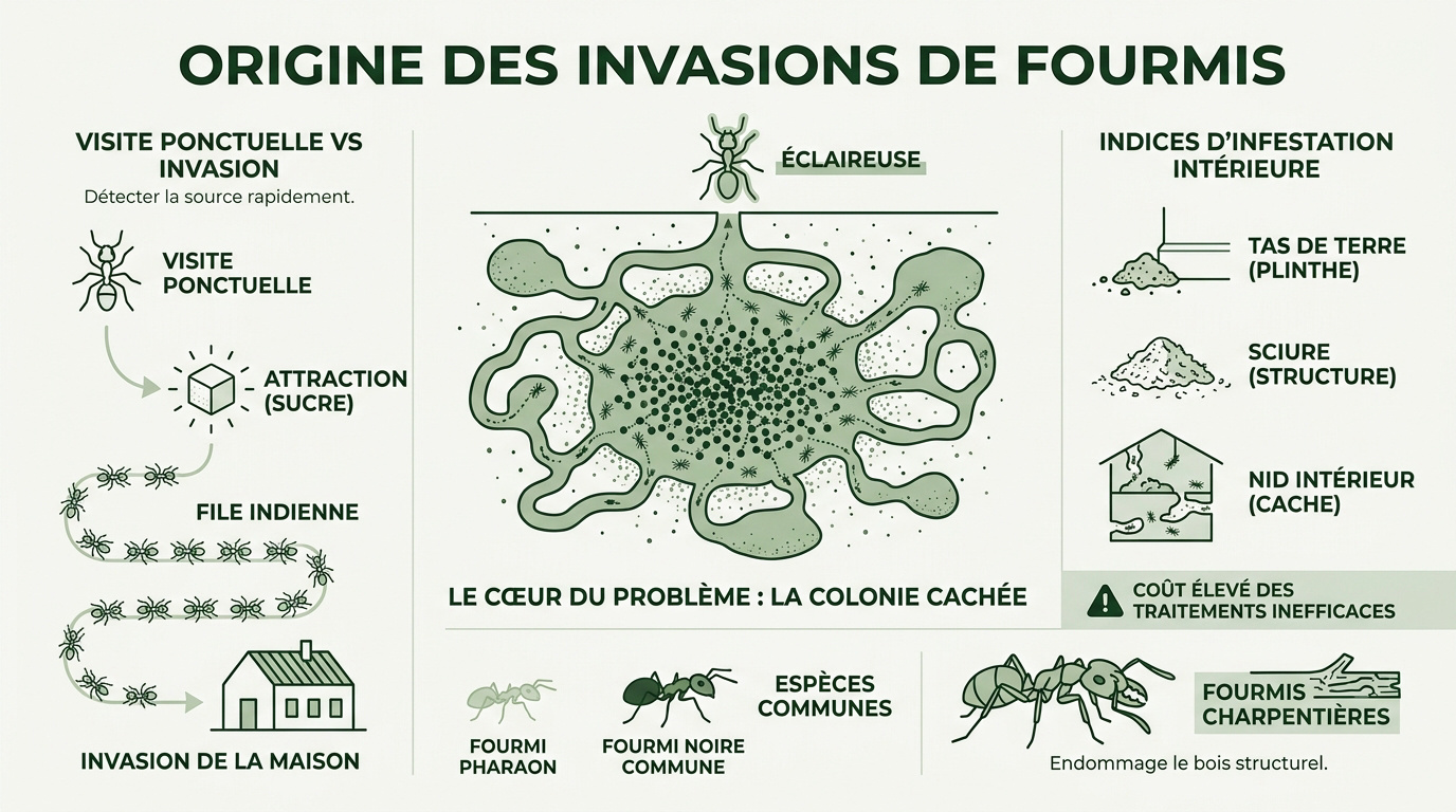 Fourmis s'infiltrant par une fissure dans un mur