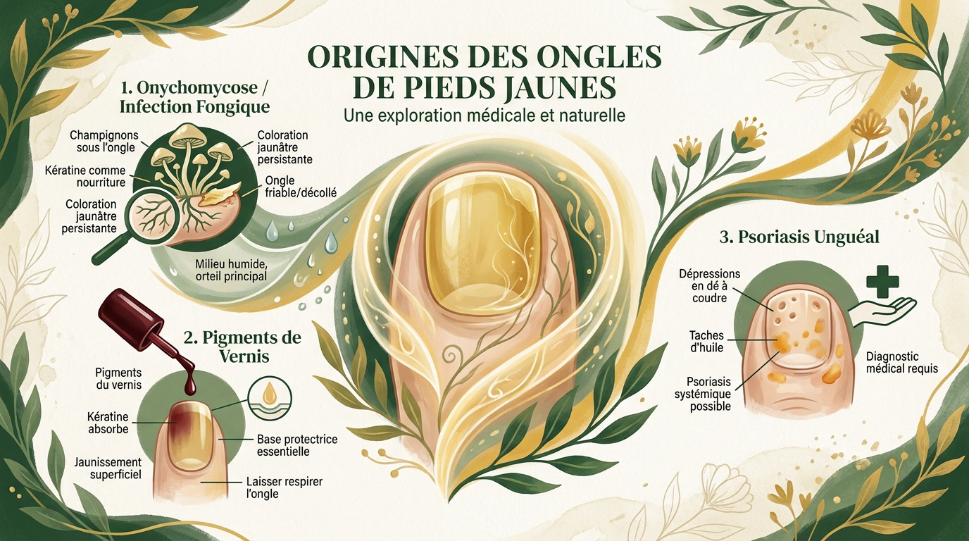 Différentes causes des ongles de pieds jaunes incluant mycose et pigments