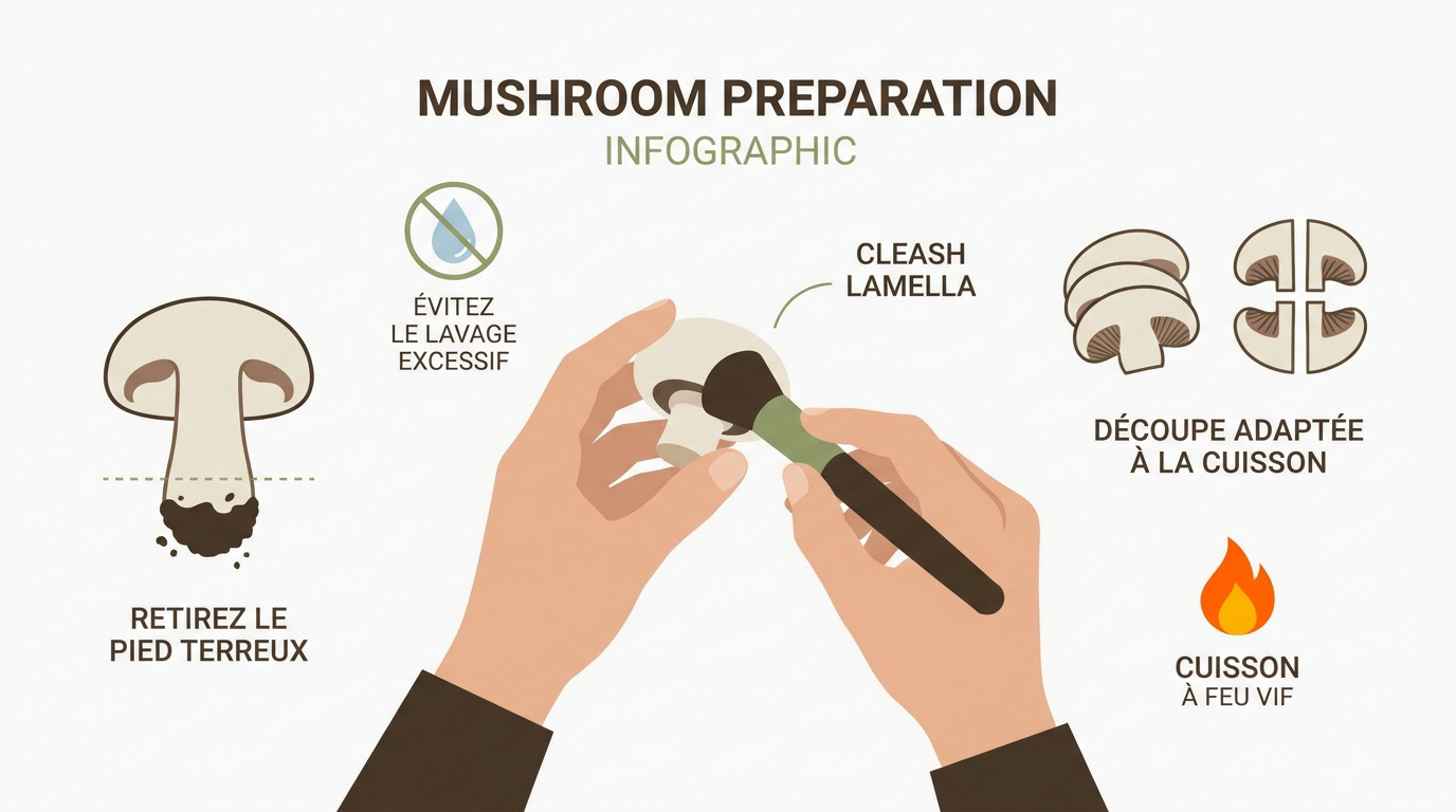 Infographie sur les étapes de préparation des champignons : nettoyage, parage et découpe