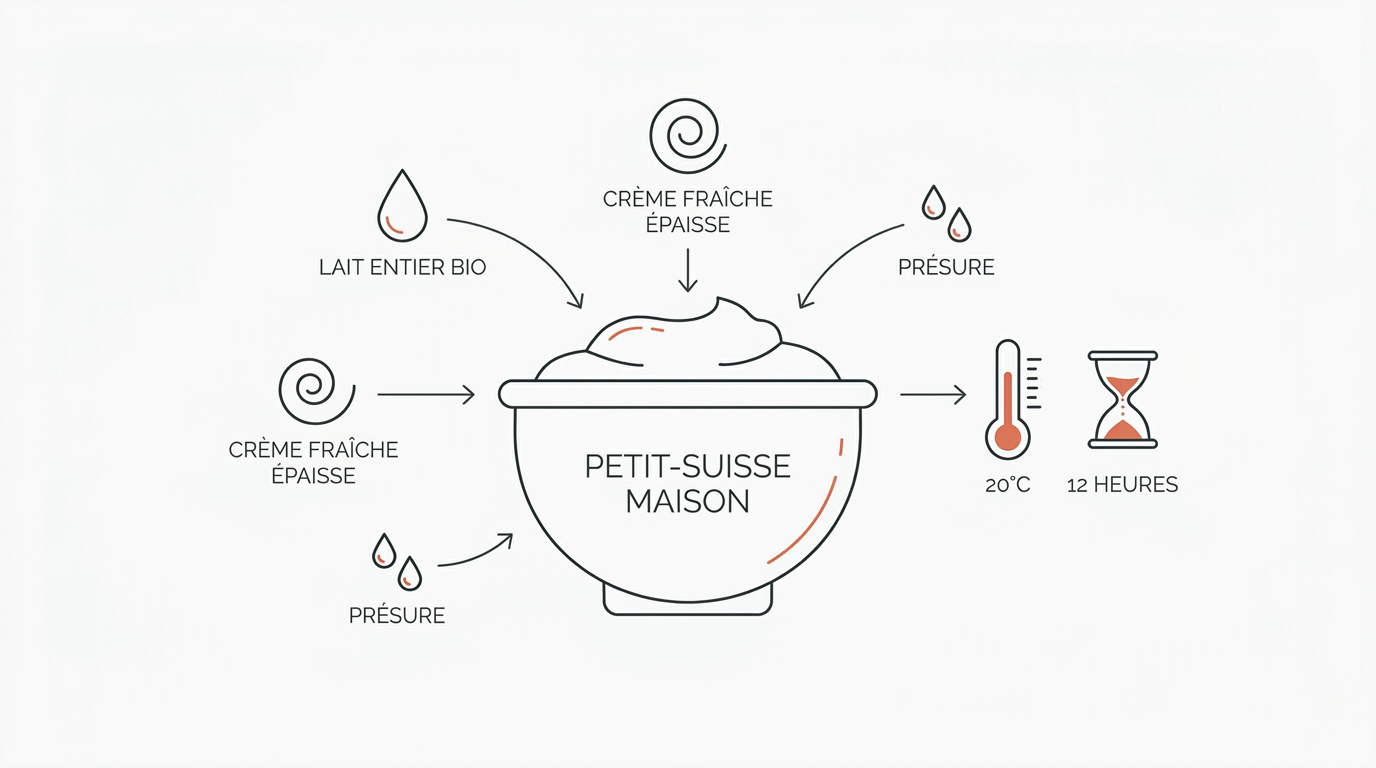 Infographie de la recette du petit suisse maison avec lait, crème et présure