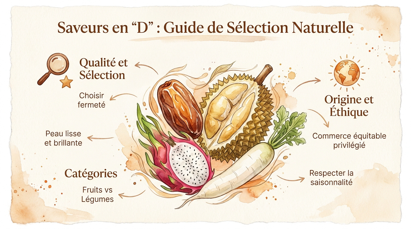 Sélection de dattes, durians et fruits du dragon frais sur un étal bio