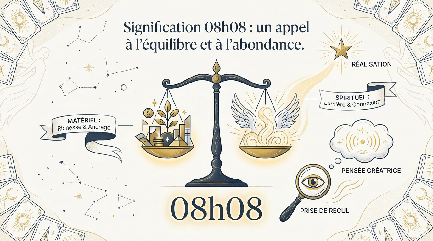 Heure miroir 08h08 symbolisant l'abondance et l'équilibre spirituel