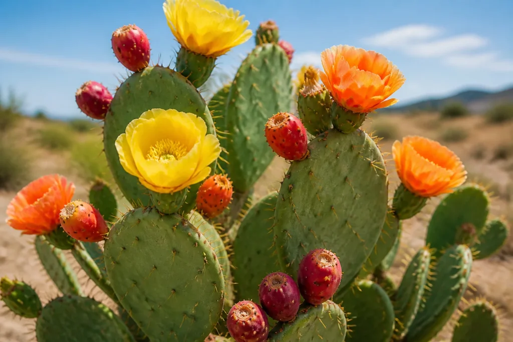 Cactus prickly pear en fleur et fruits