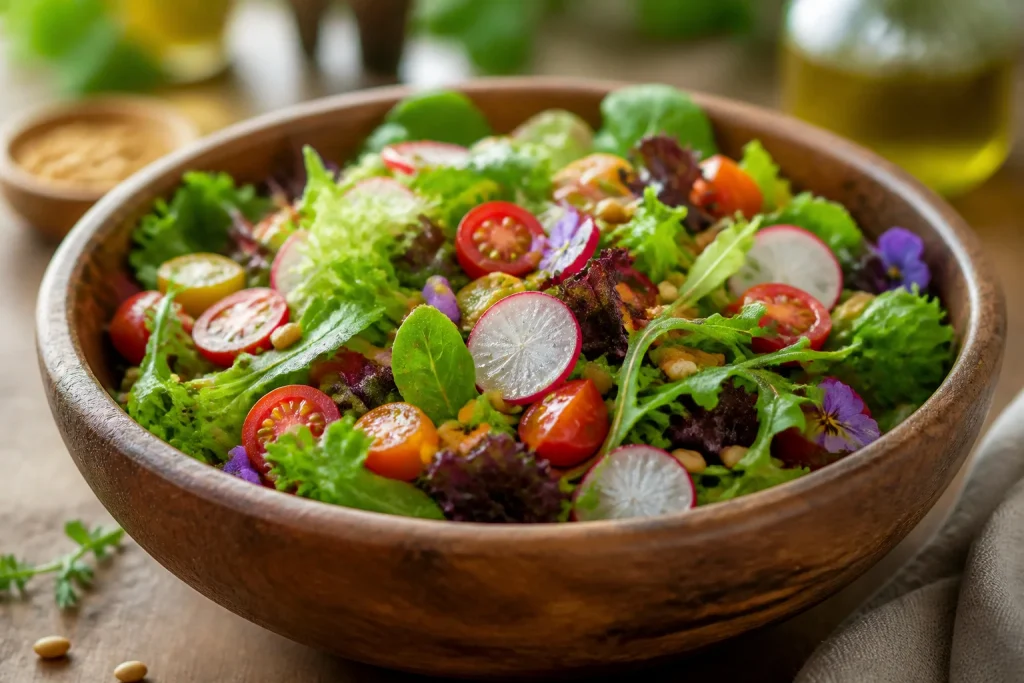 Salade mesclun gourmande dans un bol en bois