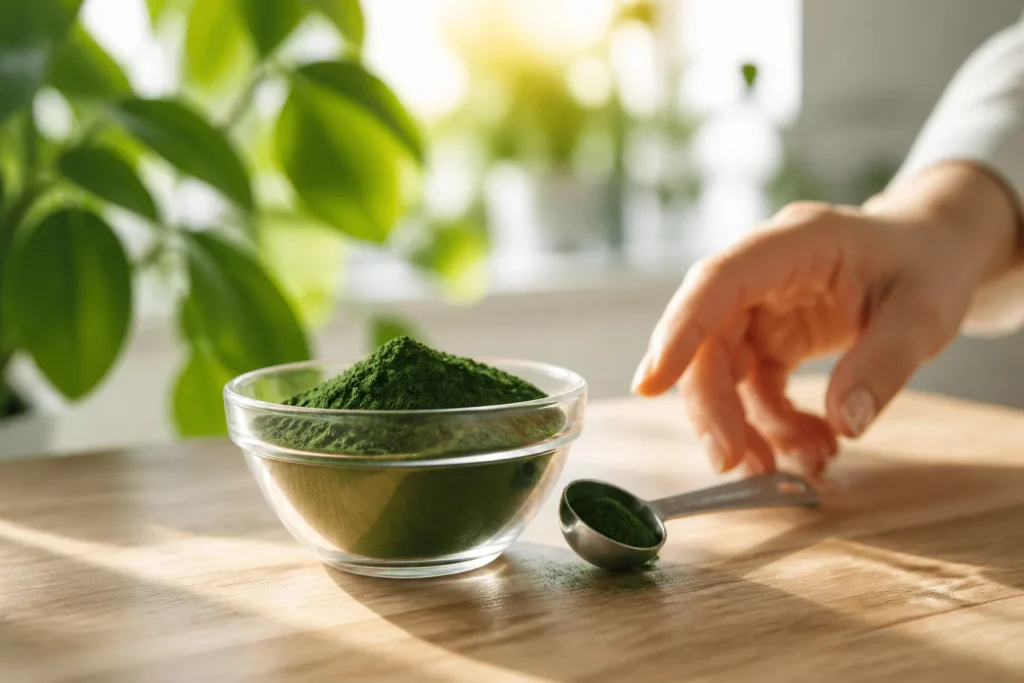 Spiruline fraiche cuillere et lumiere matinale