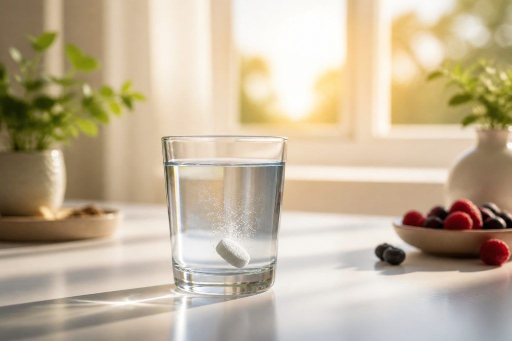 Comprimé effervescent dans un verre d'eau, illustration bien-être digestif