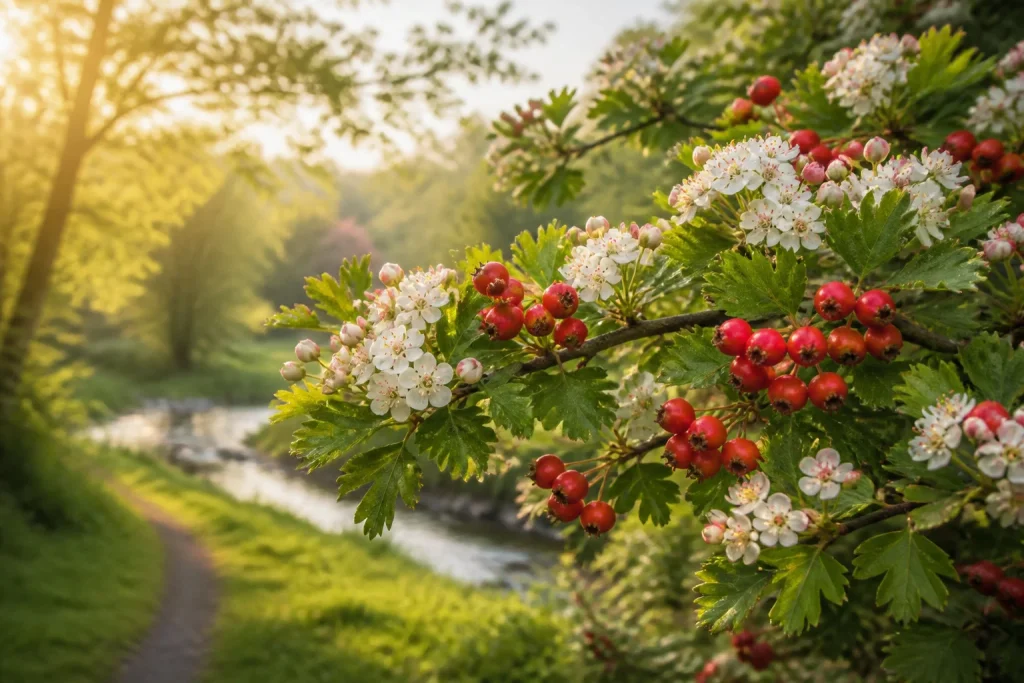 Aubepine en fleurs et baies rouges