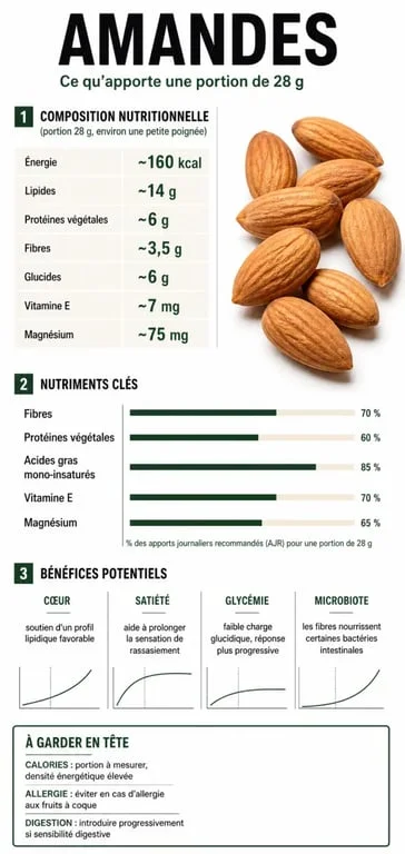 Amandes bienfaits : infographie nutritionnelle sur les apports, les effets santé et les précautions d'une portion de 28 g