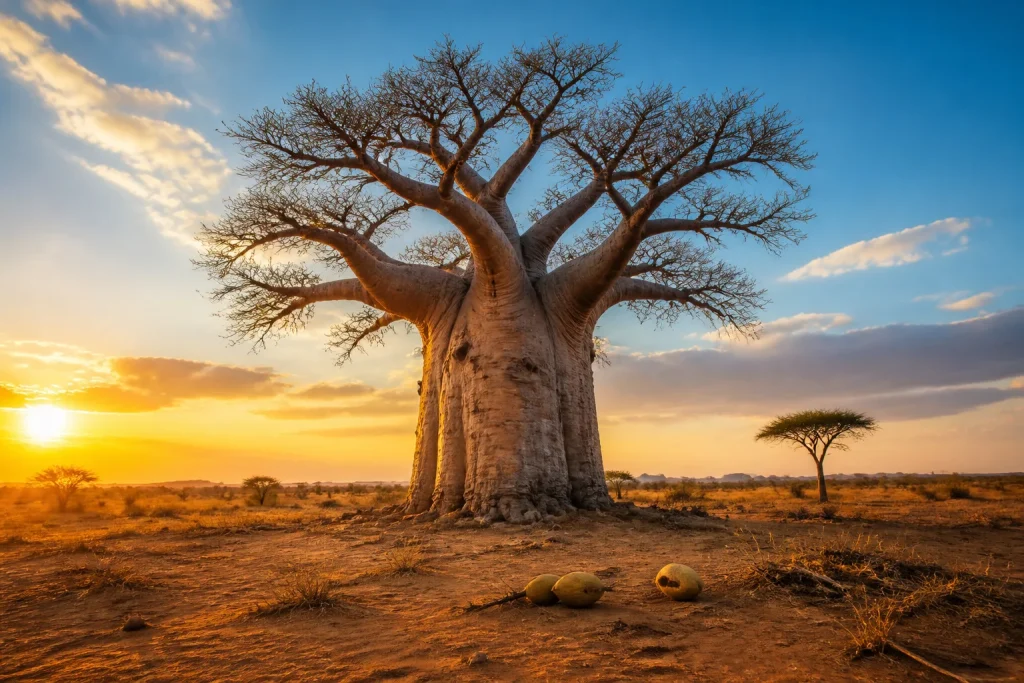 Baobab majestueux au coucher du soleil africain