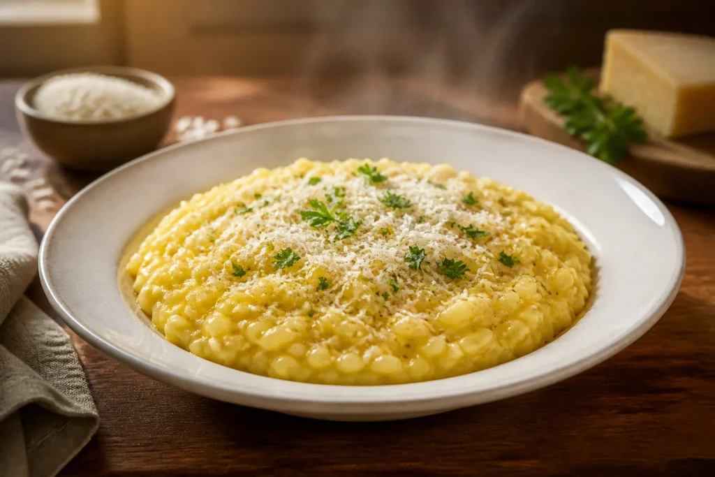 Risotto cremeux et dore garni de parmesan