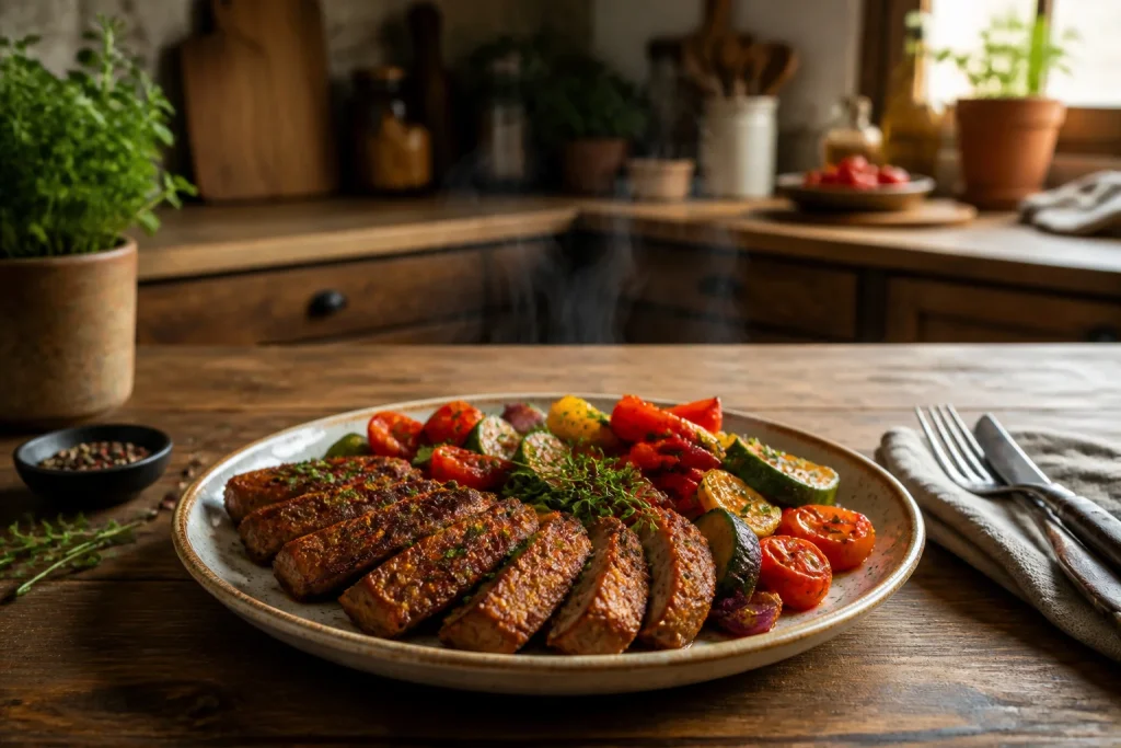 Seitan grille et legumes rotis
