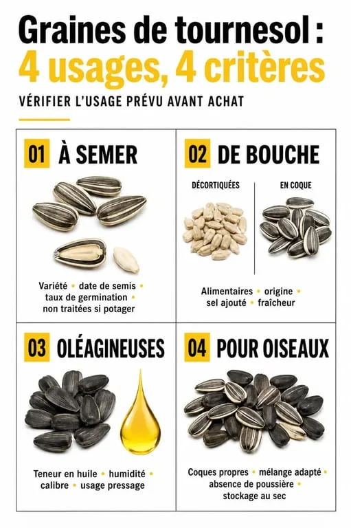 Graines de tournesol : comparaison entre graines à semer, graines de bouche, graines oléagineuses et graines pour oiseaux