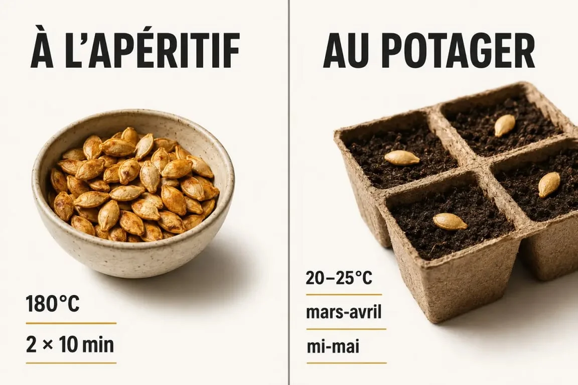 Graine de potimarron : graines grillées à manger et graines à semer avec repères clés