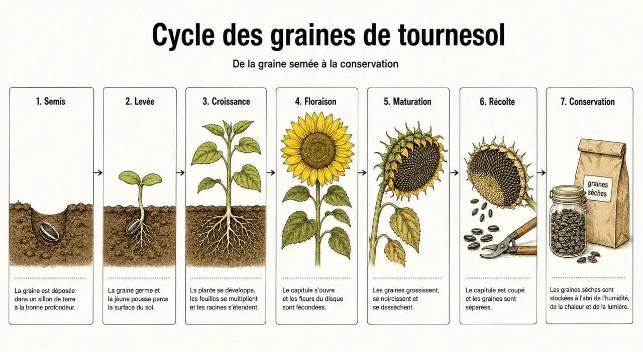 Cycle des graines de tournesol du semis à la récolte