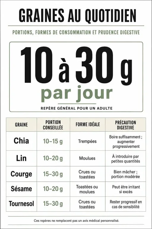 Quelle quantité de graines par jour : infographie des portions quotidiennes pour chia, lin, courge, sésame et tournesol