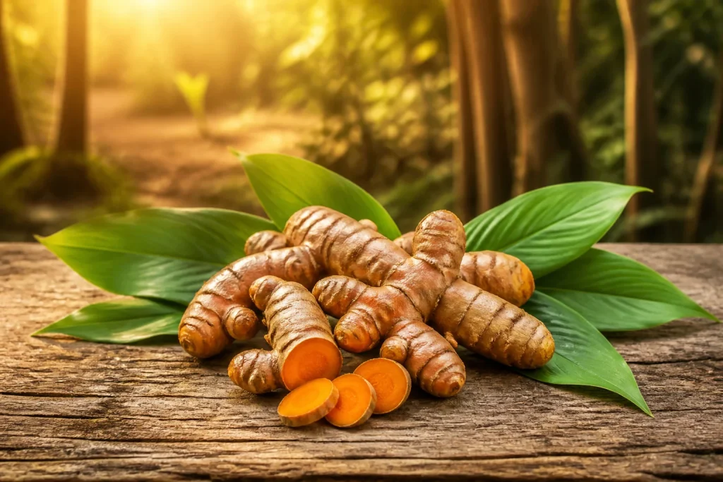 Curcuma frais et feuilles vertes sur bois