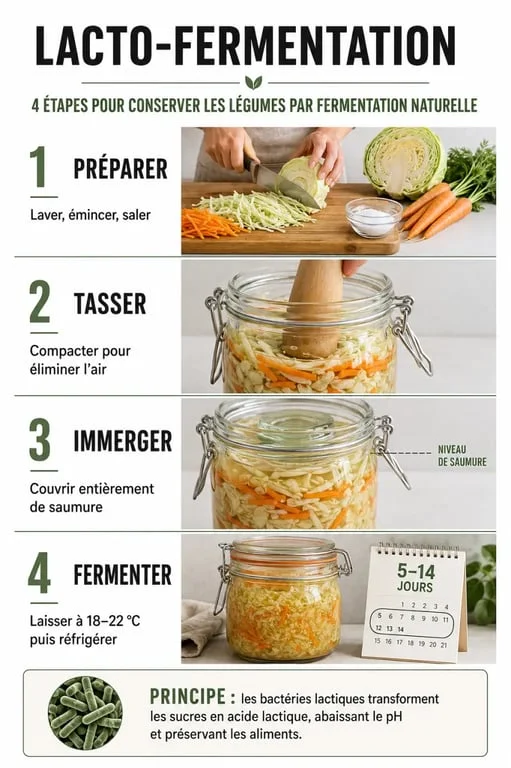 Infographie explicative du processus de préparation d'un légume lacto fermenté