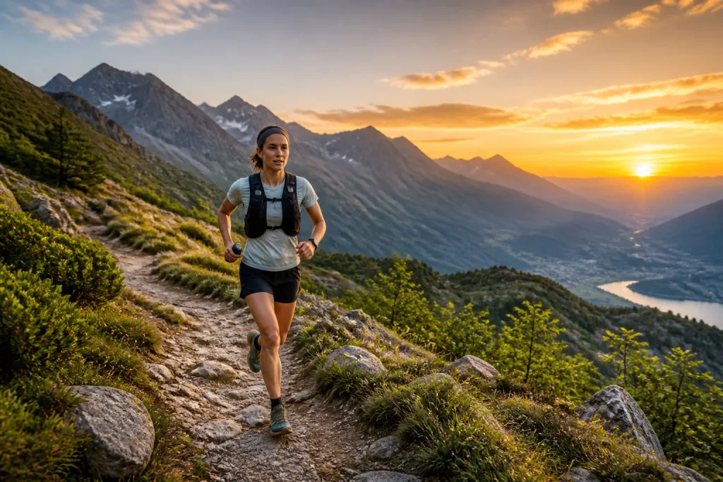 Coureuse de montagne au lever du soleil